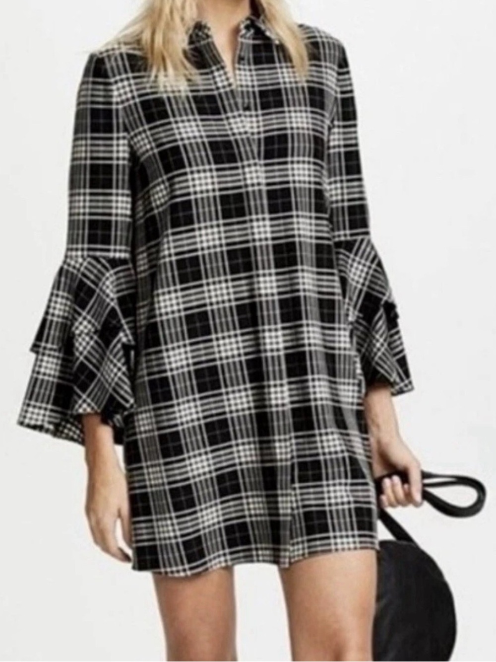 Alice + Olivia Black and White Plaid Bell-Sleeve‎ Mini Dress XS
